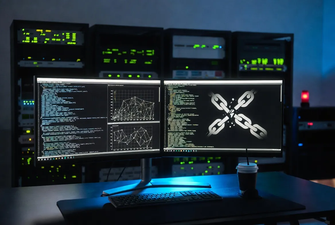 Security operations center monitors showing network activity and a broken chain symbol representing a sandbox escape