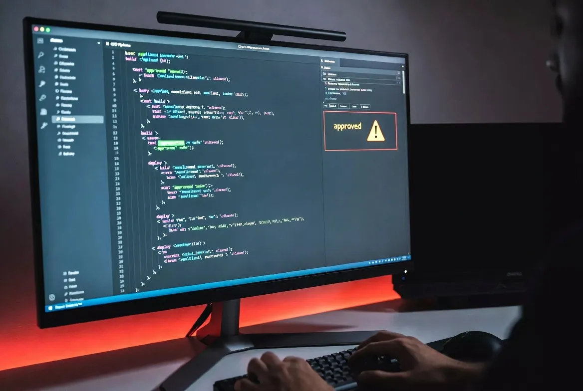 Security analyst reviewing a multi-stage CI agent pipeline in a dark mode code editor with an approved warning indicator highlighted